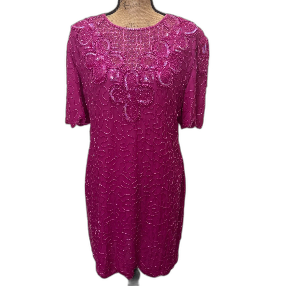 Vintage 80s Scala Beaded Sequin Cocktail Party Dress Fuschia Pink Size‎ PXL
